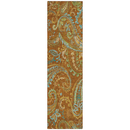 8' Runner Orange Paisley Washable Non Skid Indoor Outdoor Runner Rug - Loft&Timber