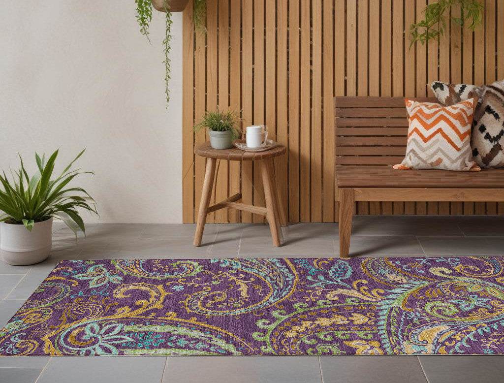 8' Runner Purple Paisley Washable Non Skid Indoor Outdoor Runner Rug - Loft&Timber