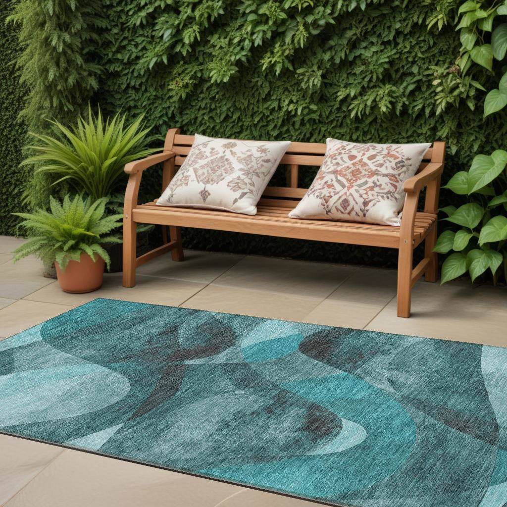 8' Runner Teal Abstract Washable Non Skid Indoor Outdoor Runner Rug - Loft&Timber