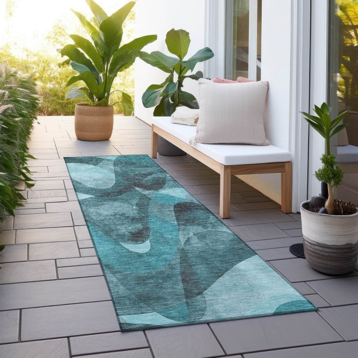 8' Runner Teal Abstract Washable Non Skid Indoor Outdoor Runner Rug - Loft&Timber