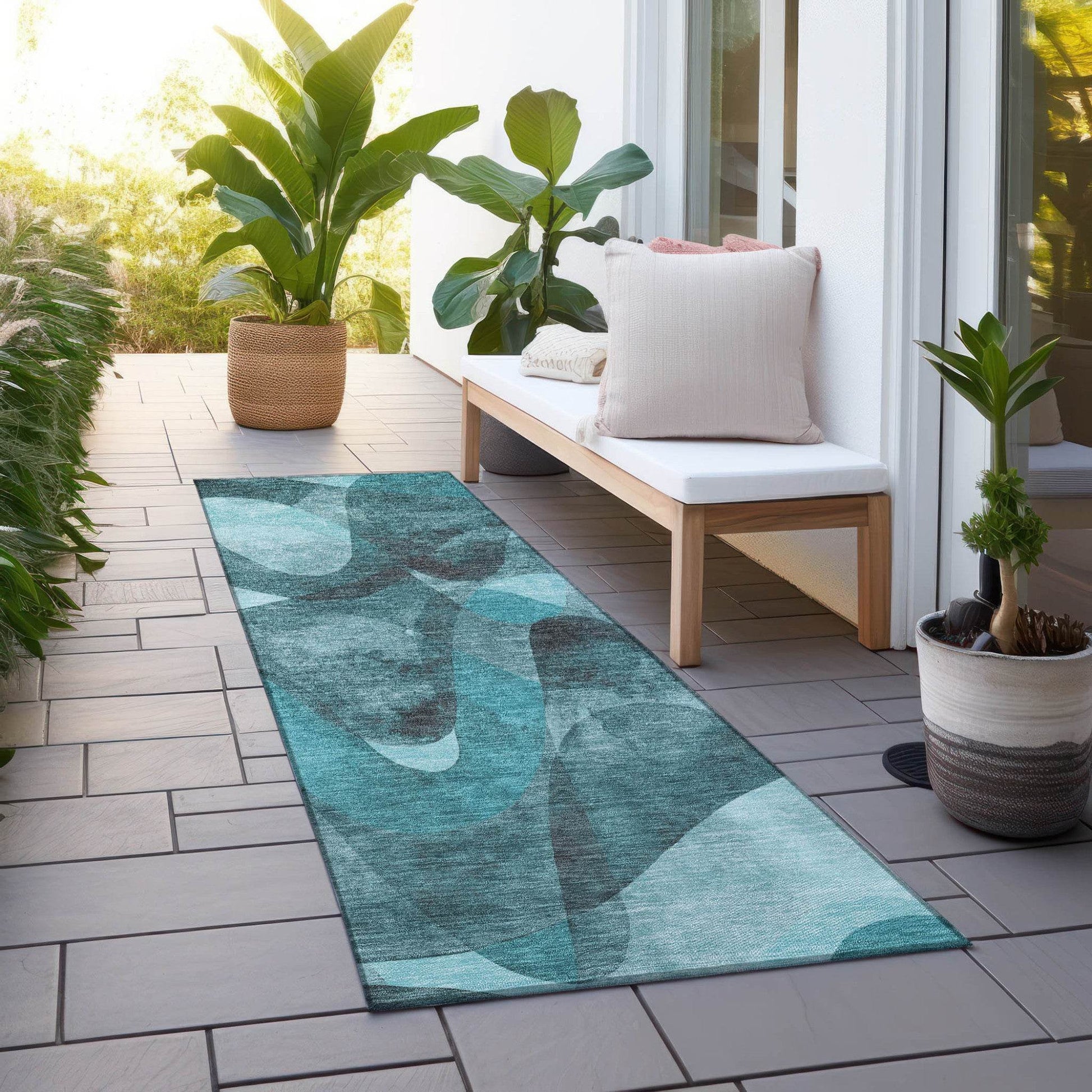 8' Runner Teal Abstract Washable Non Skid Indoor Outdoor Runner Rug - Loft&Timber
