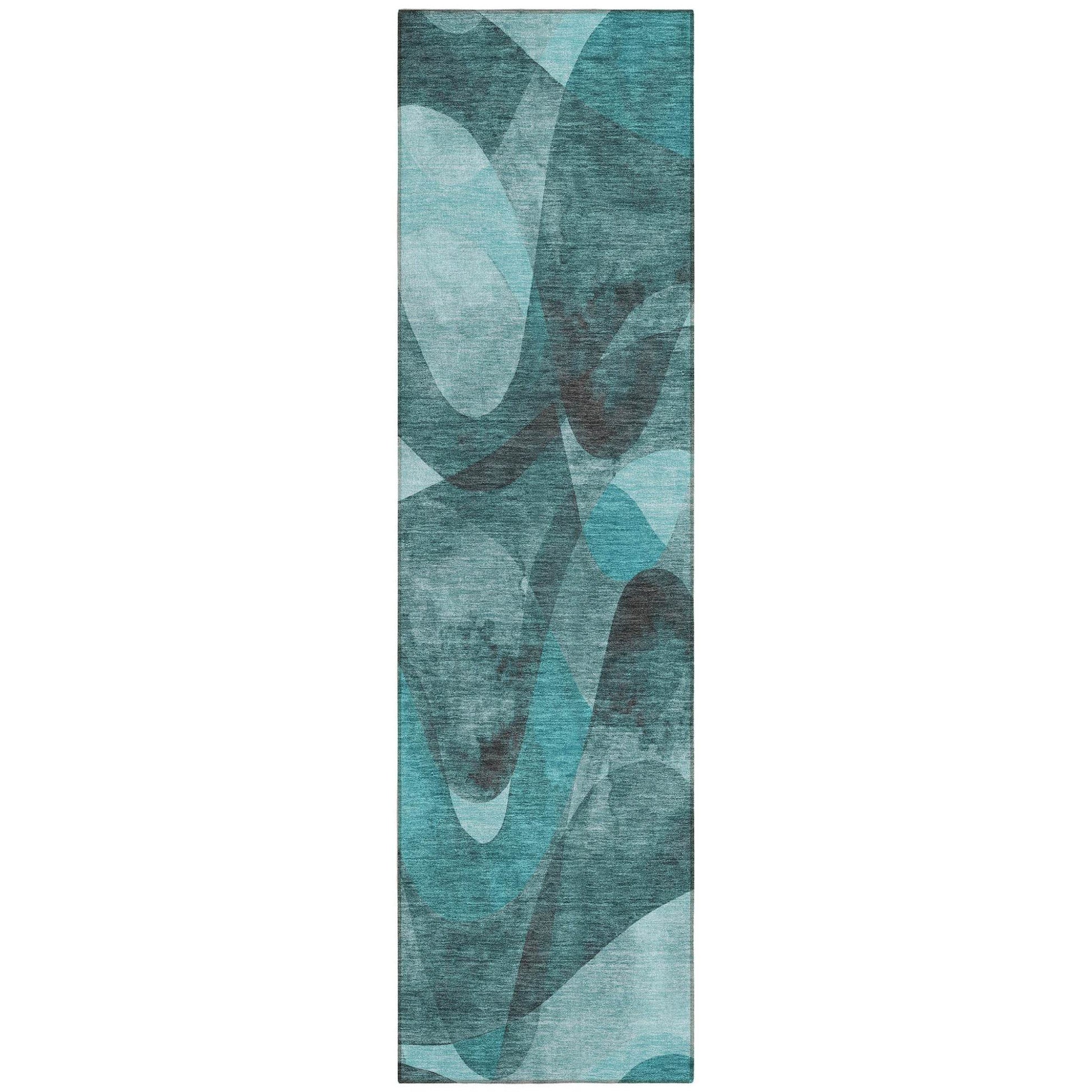 8' Runner Teal Abstract Washable Non Skid Indoor Outdoor Runner Rug - Loft&Timber