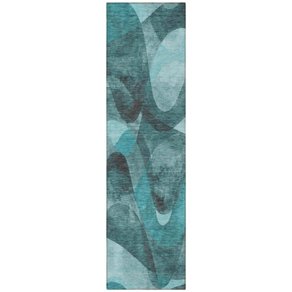 8' Runner Teal Abstract Washable Non Skid Indoor Outdoor Runner Rug - Loft&Timber