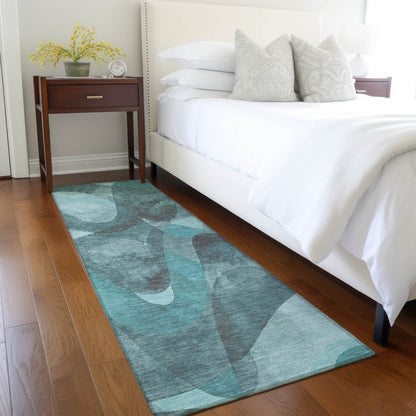 8' Runner Teal Abstract Washable Non Skid Indoor Outdoor Runner Rug - Loft&Timber