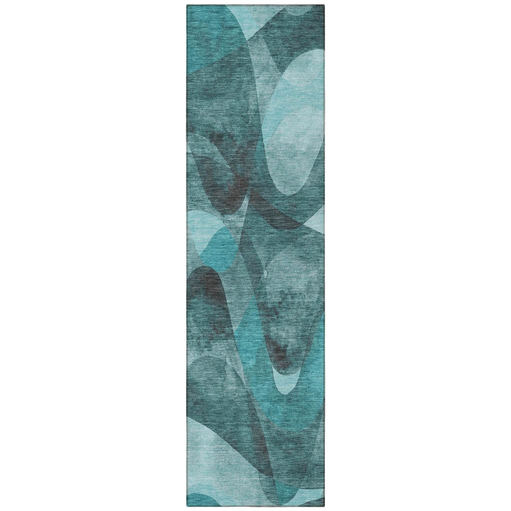8' Runner Teal Abstract Washable Non Skid Indoor Outdoor Runner Rug - Loft&Timber