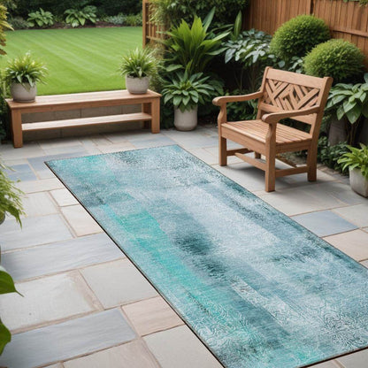 8' Runner Teal Washable Non Skid Indoor Outdoor Runner Rug - Loft&Timber