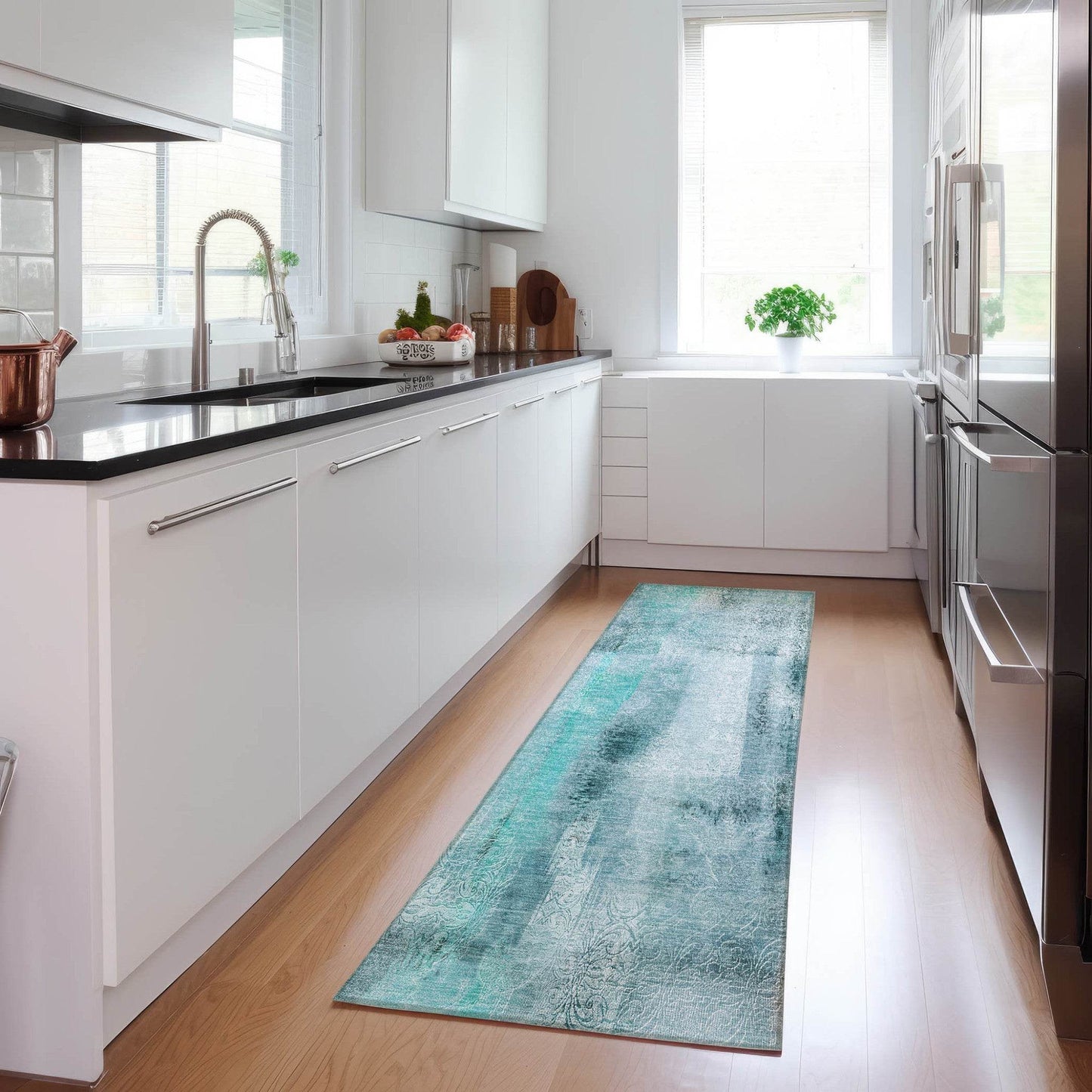 8' Runner Teal Washable Non Skid Indoor Outdoor Runner Rug - Loft&Timber