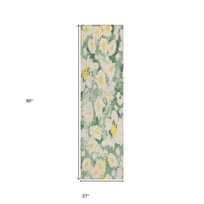 8' Runner Green Floral Washable Non Skid Indoor Outdoor Runner Rug - Loft&Timber