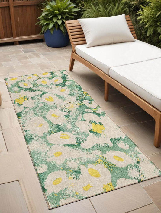 8' Runner Green Floral Washable Non Skid Indoor Outdoor Runner Rug - Loft&Timber