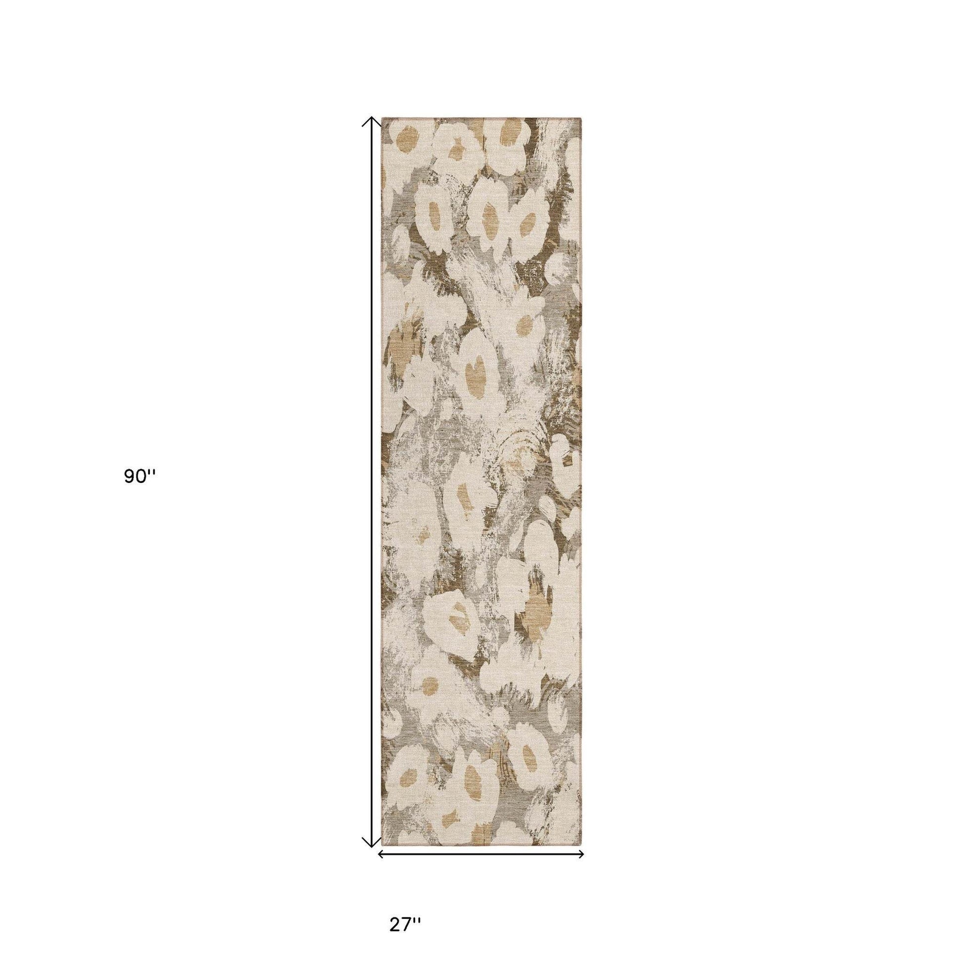 8' Runner Khaki Floral Washable Non Skid Indoor Outdoor Runner Rug - Loft&Timber