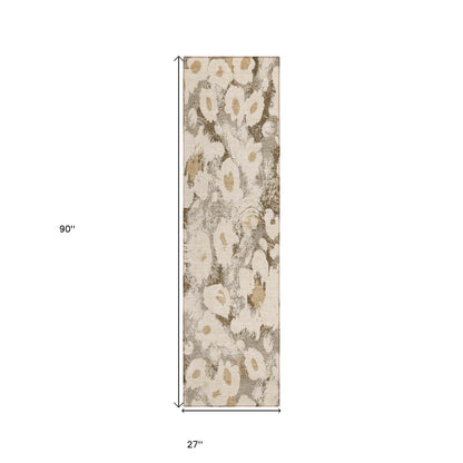 8' Runner Khaki Floral Washable Non Skid Indoor Outdoor Runner Rug - Loft&Timber