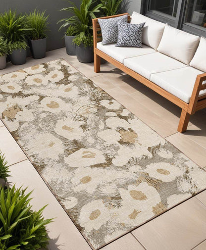 8' Runner Khaki Floral Washable Non Skid Indoor Outdoor Runner Rug - Loft&Timber