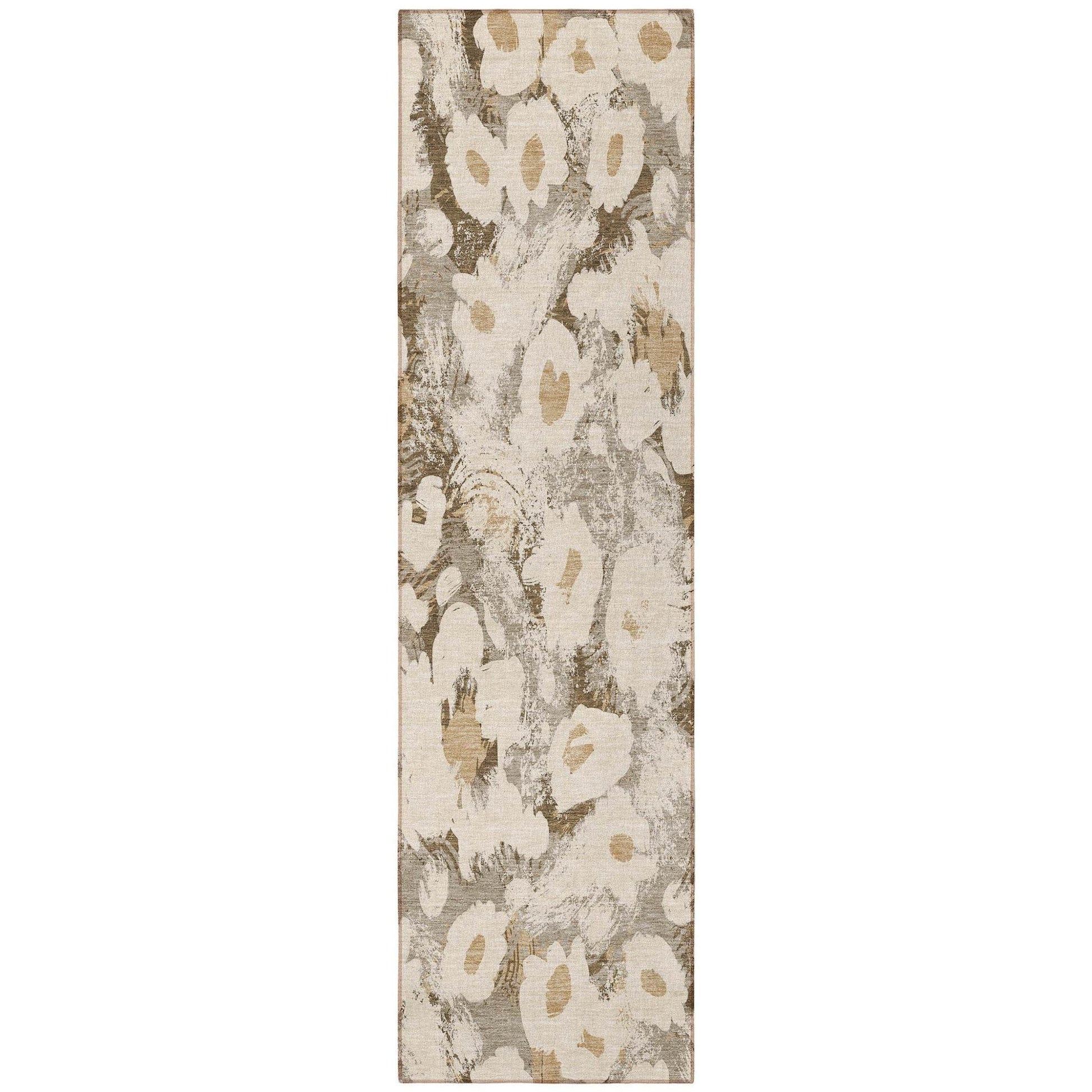 8' Runner Khaki Floral Washable Non Skid Indoor Outdoor Runner Rug - Loft&Timber