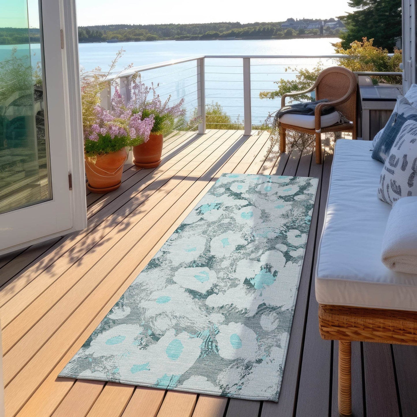 8' Runner Teal Floral Washable Non Skid Indoor Outdoor Runner Rug - Loft&Timber