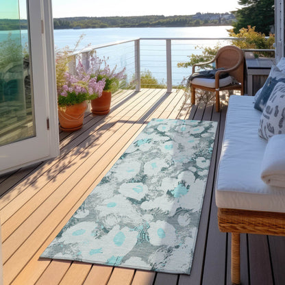 8' Runner Teal Floral Washable Non Skid Indoor Outdoor Runner Rug - Loft&Timber