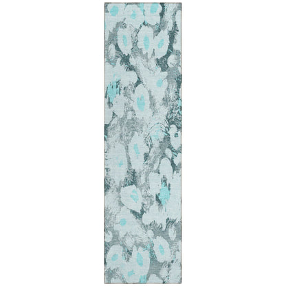 8' Runner Teal Floral Washable Non Skid Indoor Outdoor Runner Rug - Loft&Timber