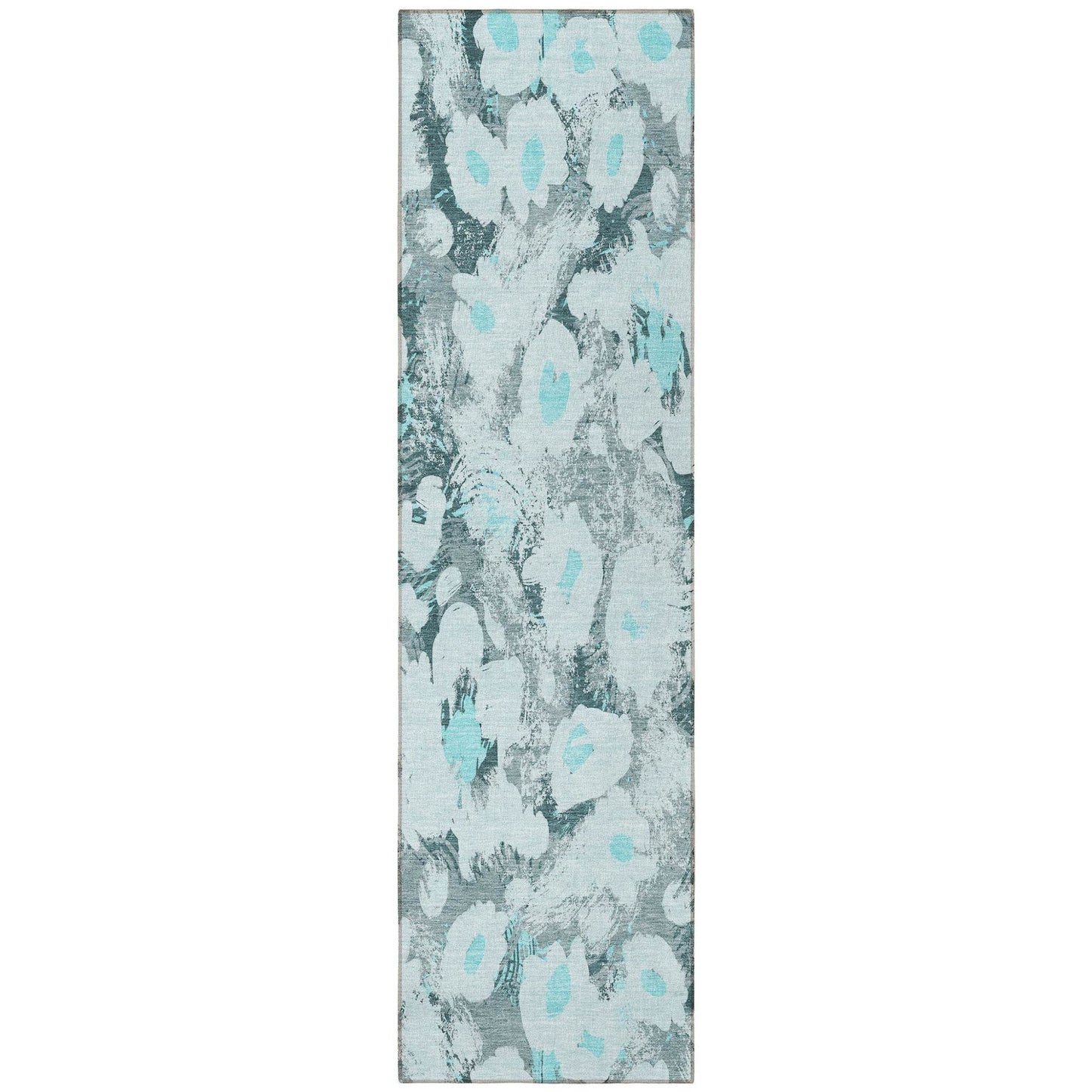 8' Runner Teal Floral Washable Non Skid Indoor Outdoor Runner Rug - Loft&Timber