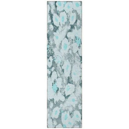 8' Runner Teal Floral Washable Non Skid Indoor Outdoor Runner Rug - Loft&Timber