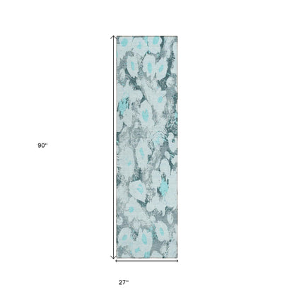8' Runner Teal Floral Washable Non Skid Indoor Outdoor Runner Rug - Loft&Timber