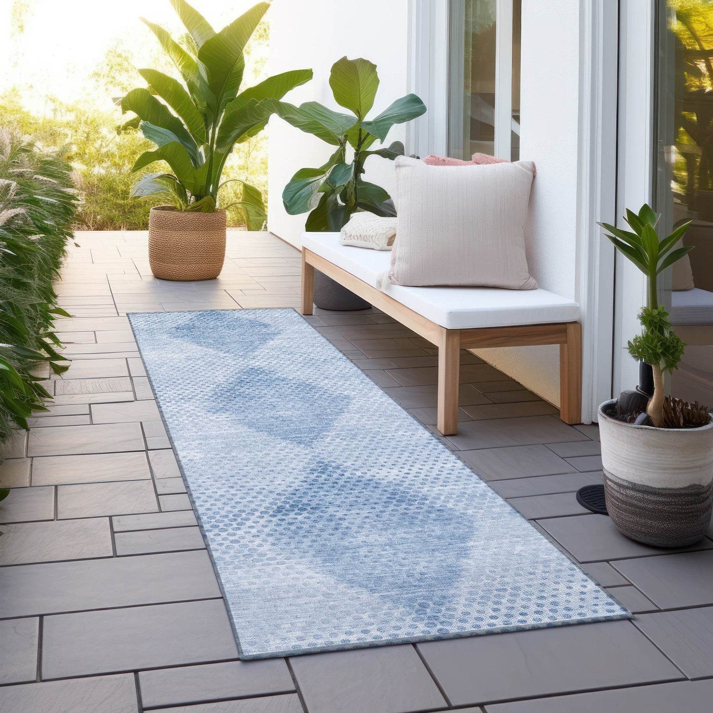 8' Runner Blue Geometric Washable Non Skid Indoor Outdoor Runner Rug - Loft&Timber