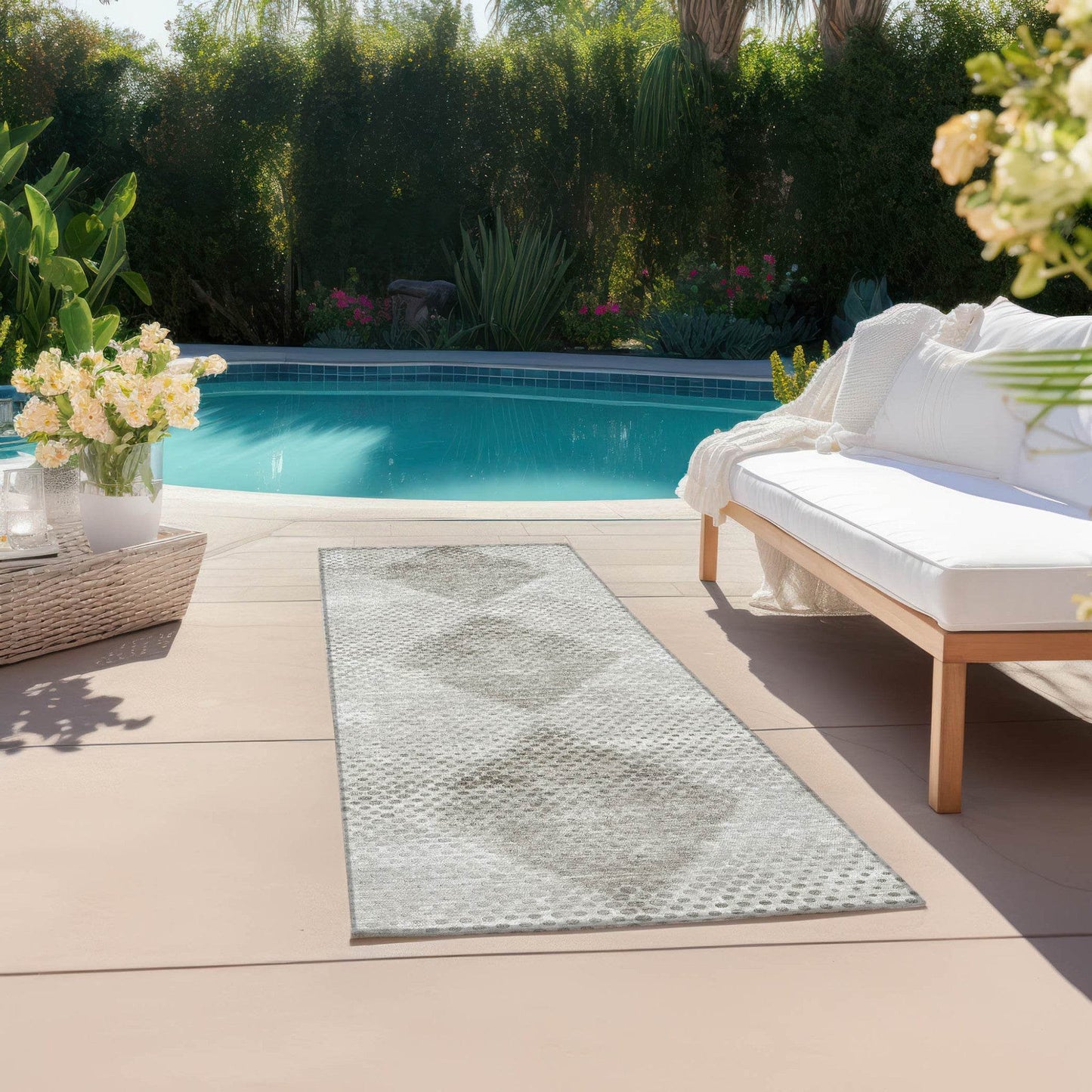 8' Runner Gray Geometric Washable Non Skid Indoor Outdoor Runner Rug - Loft&Timber