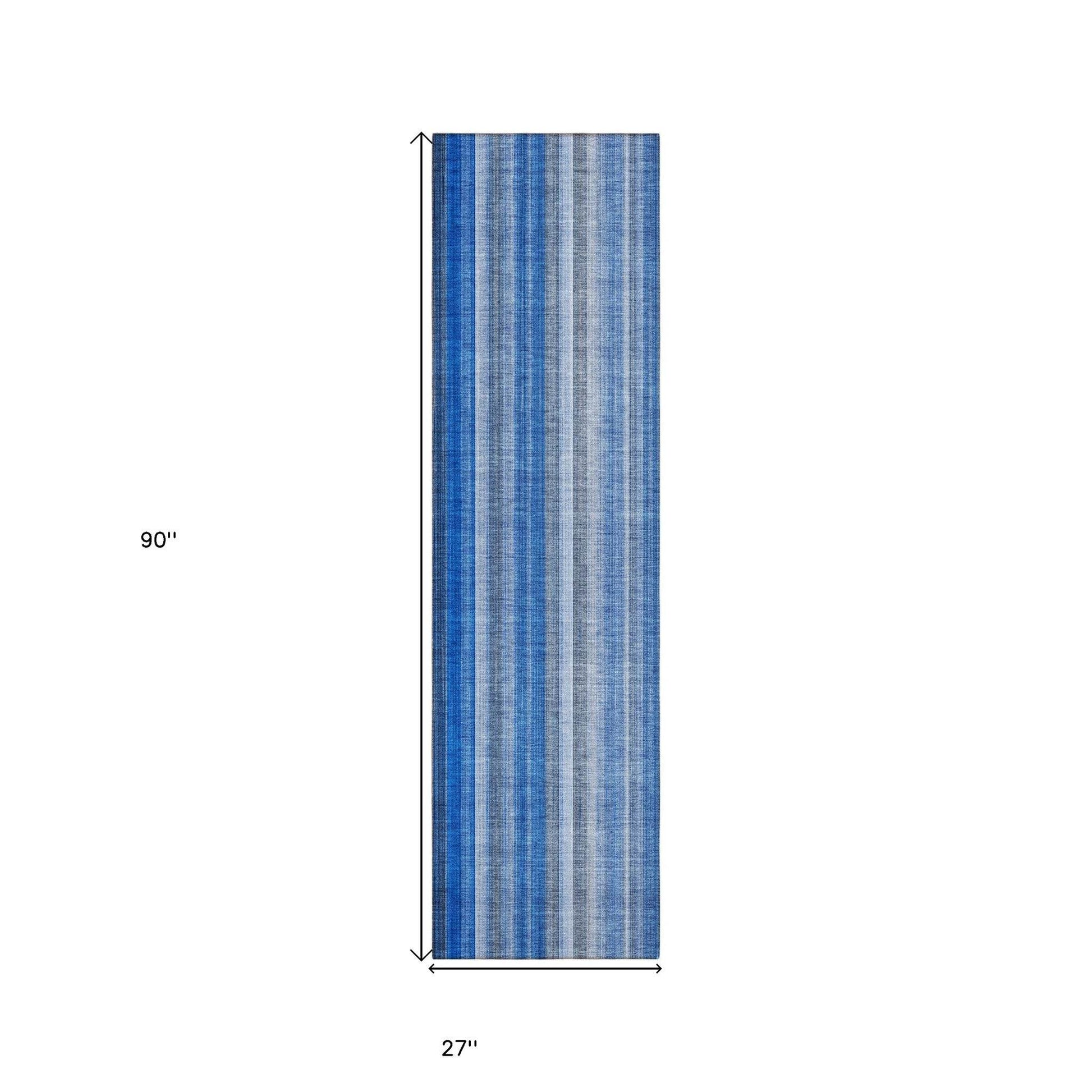 8' Runner Blue Striped Washable Non Skid Indoor Outdoor Runner Rug - Loft&Timber