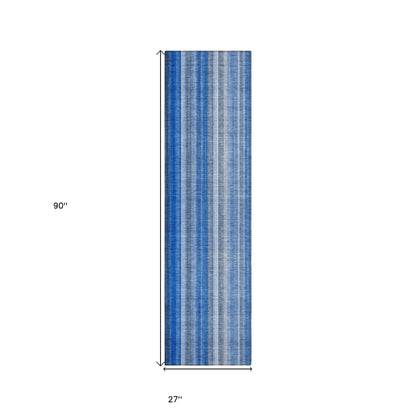8' Runner Blue Striped Washable Non Skid Indoor Outdoor Runner Rug - Loft&Timber