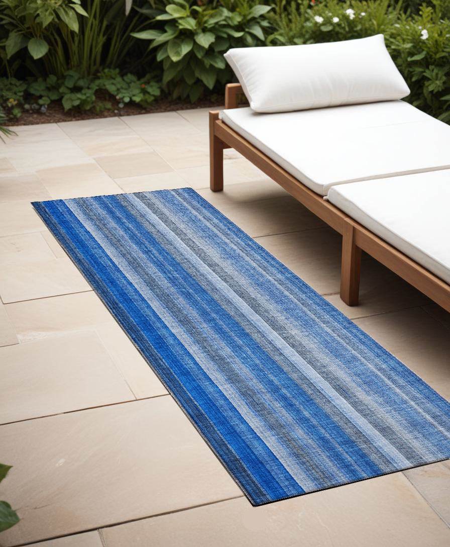 8' Runner Blue Striped Washable Non Skid Indoor Outdoor Runner Rug - Loft&Timber