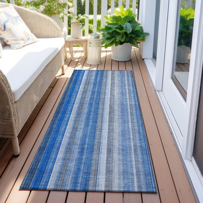 8' Runner Blue Striped Washable Non Skid Indoor Outdoor Runner Rug - Loft&Timber