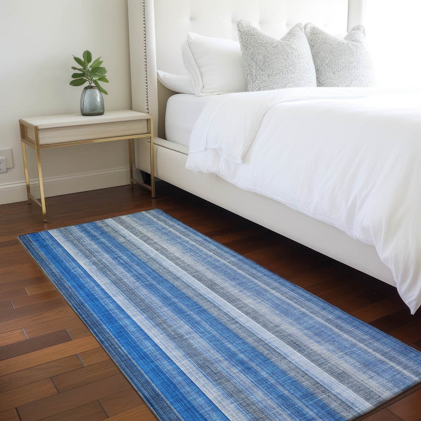 8' Runner Blue Striped Washable Non Skid Indoor Outdoor Runner Rug - Loft&Timber