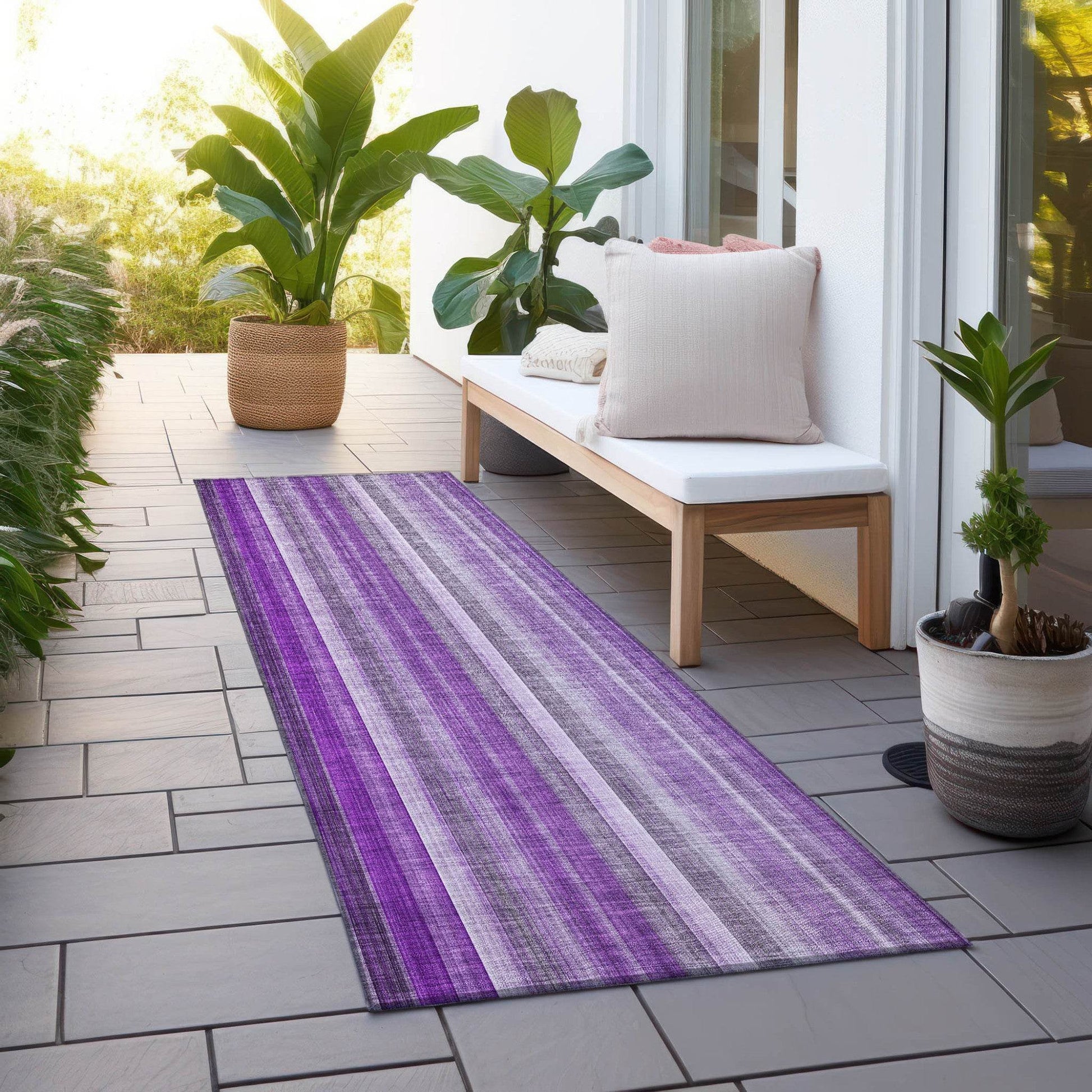 8' Runner Purple Striped Washable Non Skid Indoor Outdoor Runner Rug - Loft&Timber