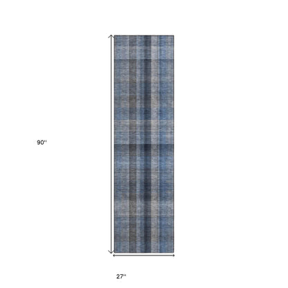8' Runner Blue Plaid Washable Non Skid Indoor Outdoor Runner Rug - Loft&Timber