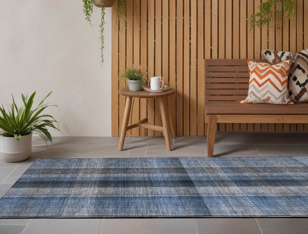 8' Runner Blue Plaid Washable Non Skid Indoor Outdoor Runner Rug - Loft&Timber