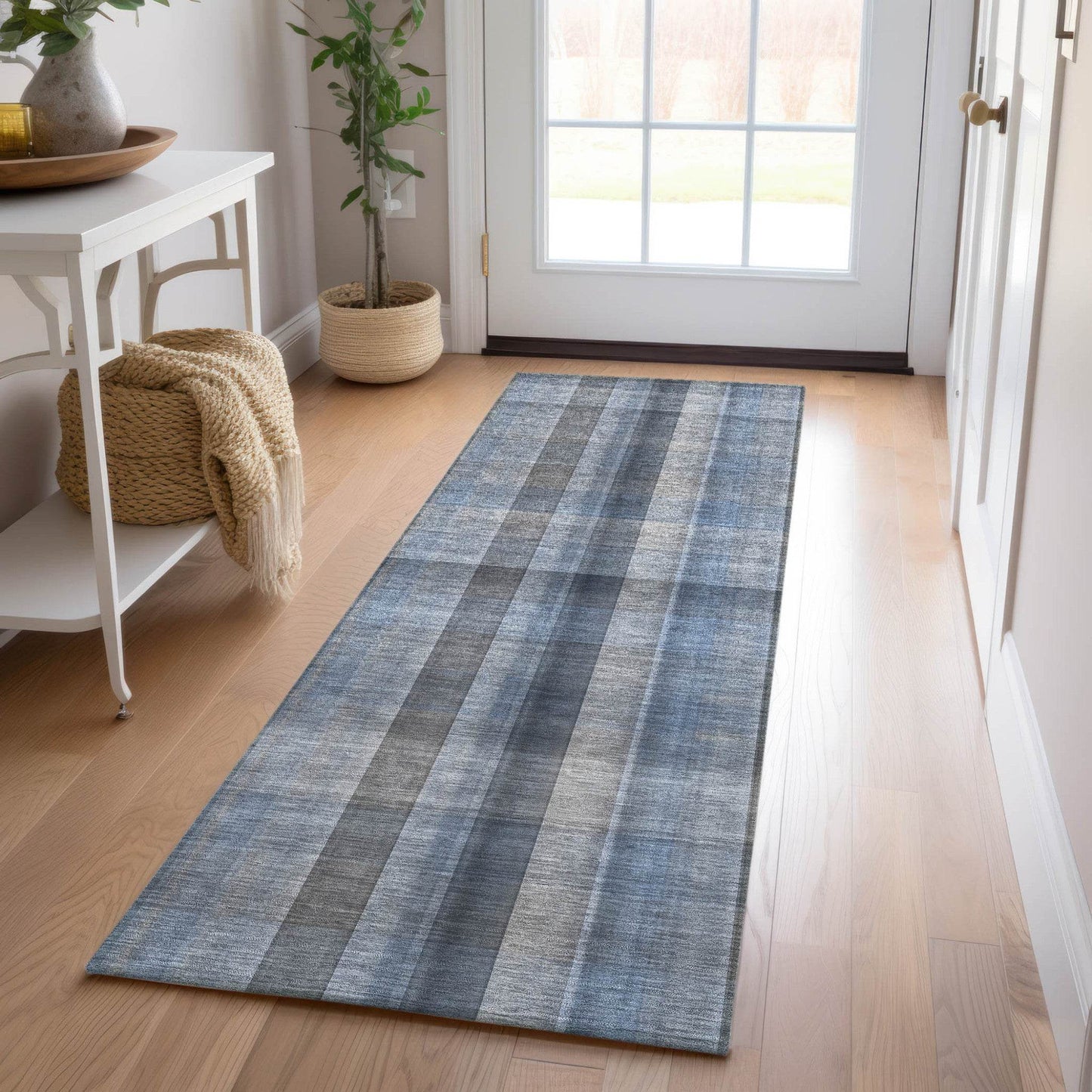 8' Runner Blue Plaid Washable Non Skid Indoor Outdoor Runner Rug - Loft&Timber