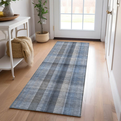 8' Runner Blue Plaid Washable Non Skid Indoor Outdoor Runner Rug - Loft&Timber