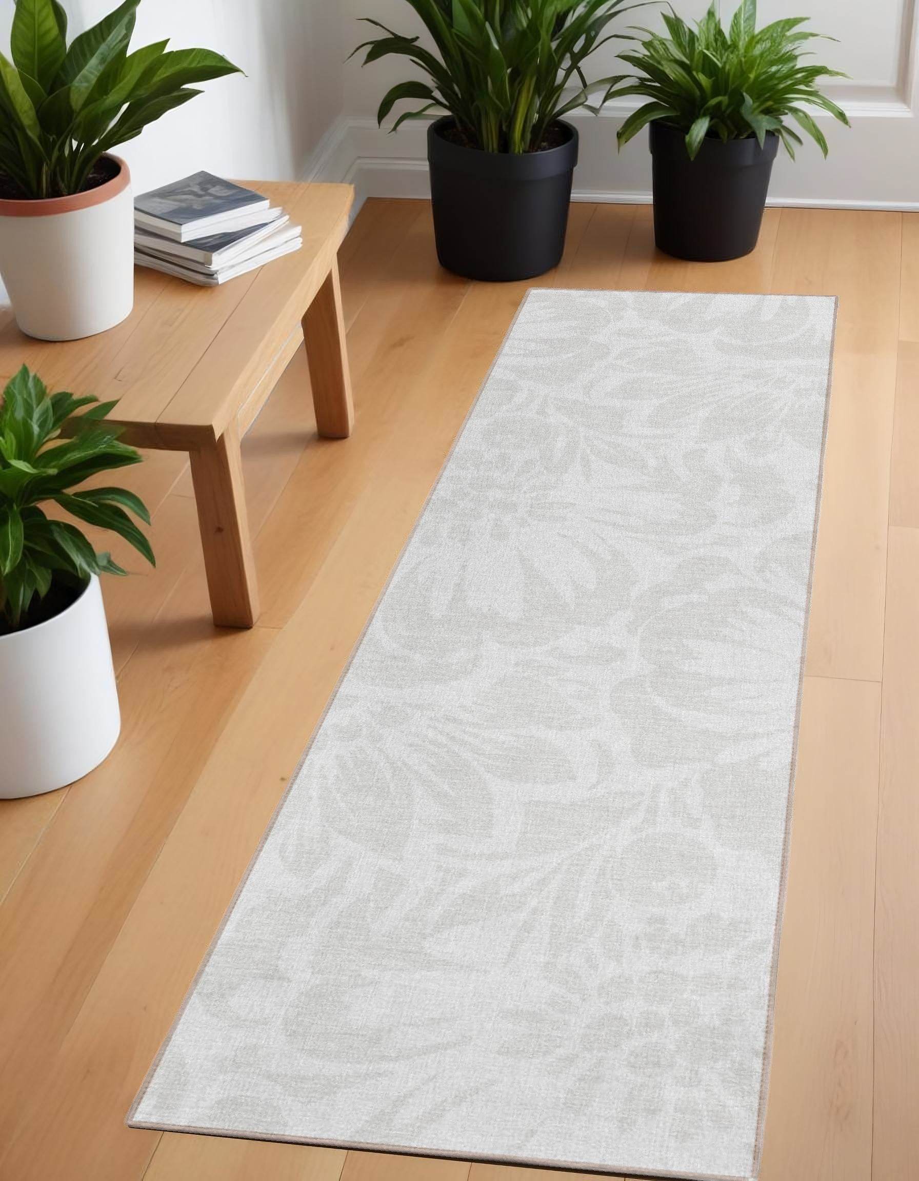 8' Runner Ivory Floral Washable Non Skid Indoor Outdoor Runner Rug - Loft&Timber