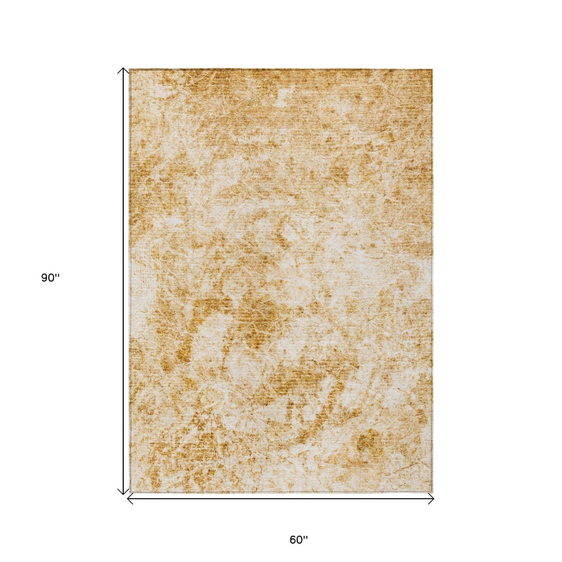 5' X 8' Cream and Gold Abstract Washable Non Skid Indoor Outdoor Area Rug - Loft&Timber