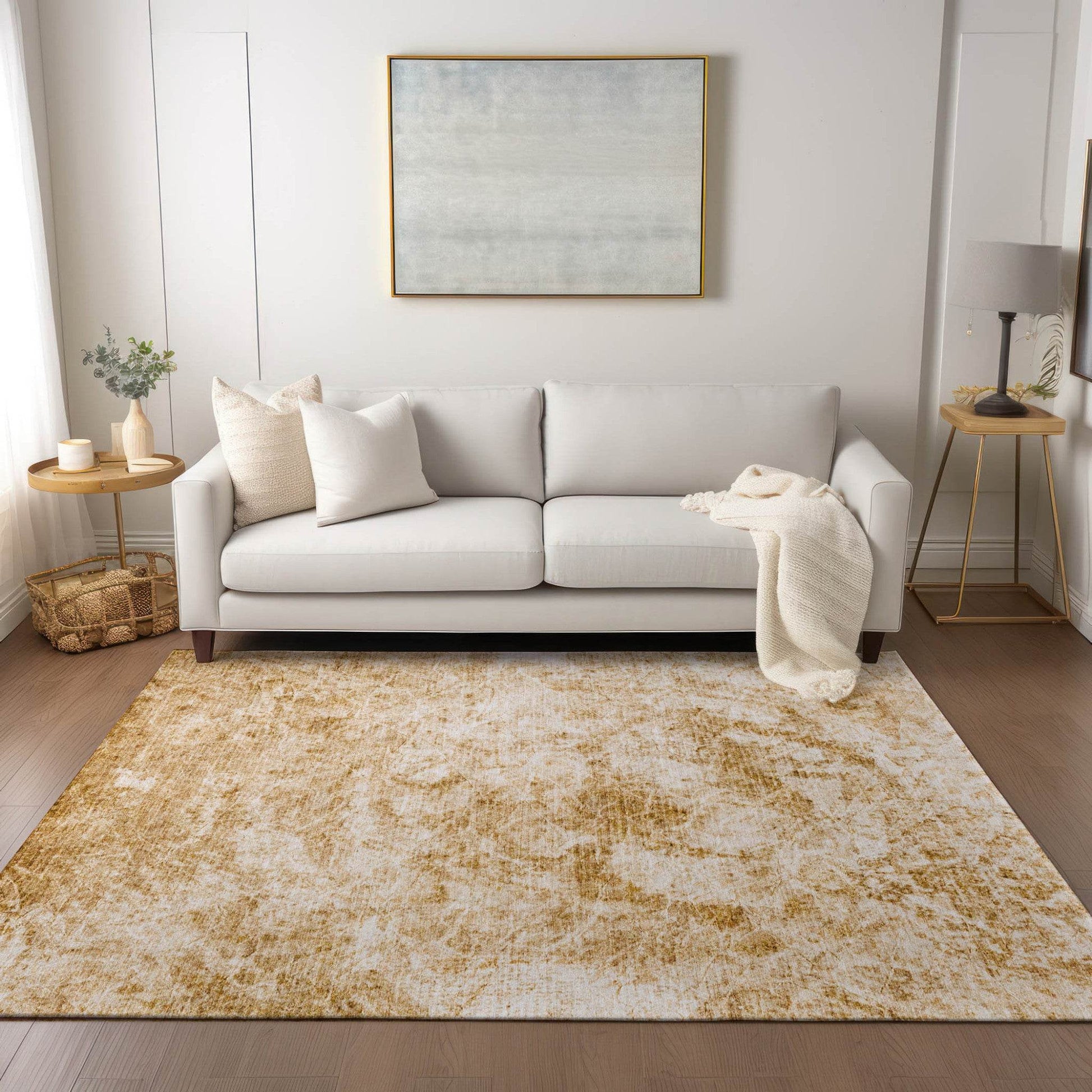 5' X 8' Cream and Gold Abstract Washable Non Skid Indoor Outdoor Area Rug - Loft&Timber