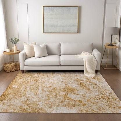 5' X 8' Cream and Gold Abstract Washable Non Skid Indoor Outdoor Area Rug - Loft&Timber