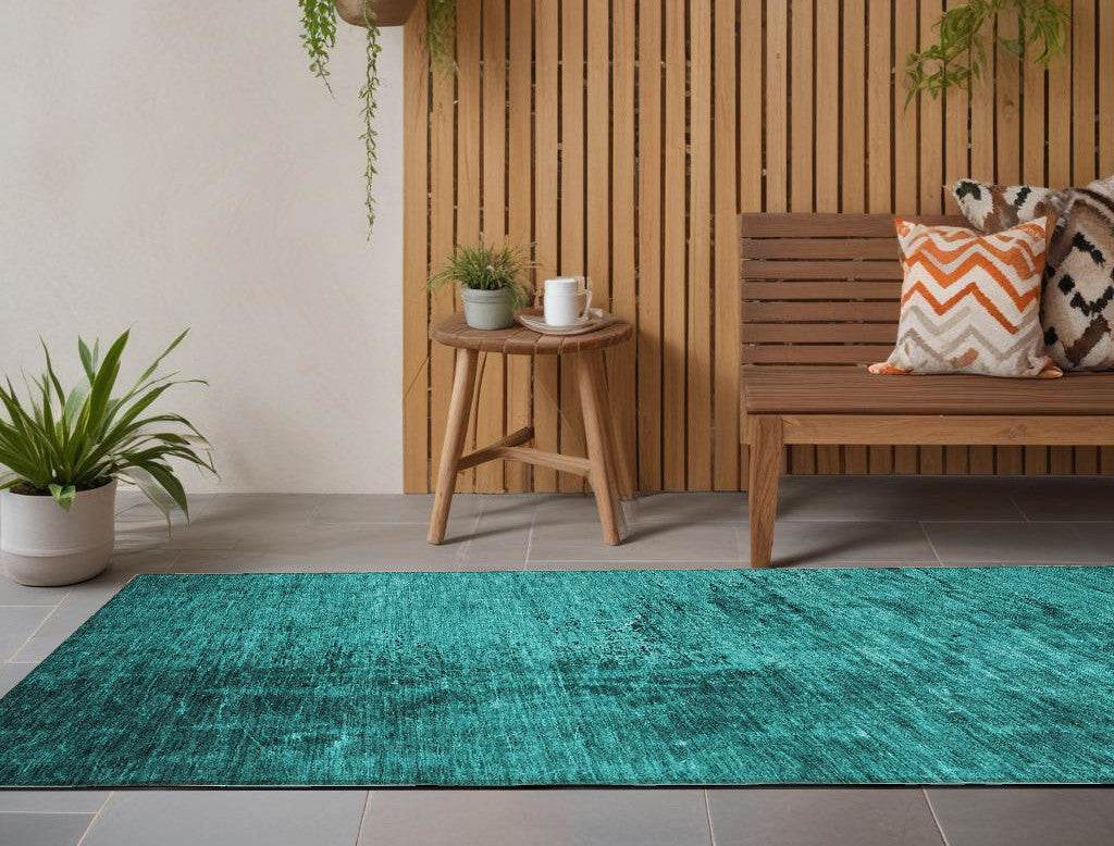 8' Runner Teal Abstract Washable Non Skid Indoor Outdoor Runner Rug - Loft&Timber