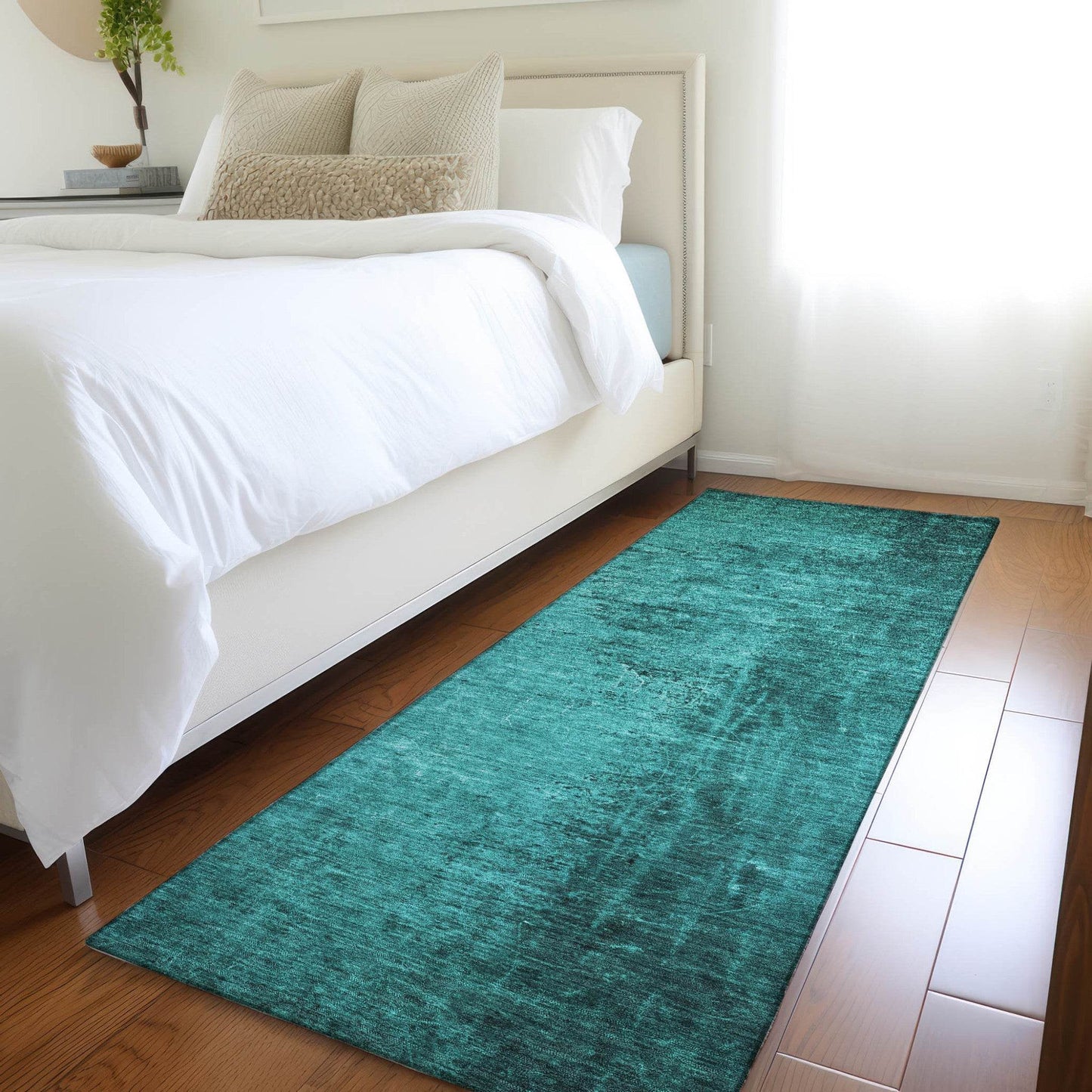 8' Runner Teal Abstract Washable Non Skid Indoor Outdoor Runner Rug - Loft&Timber