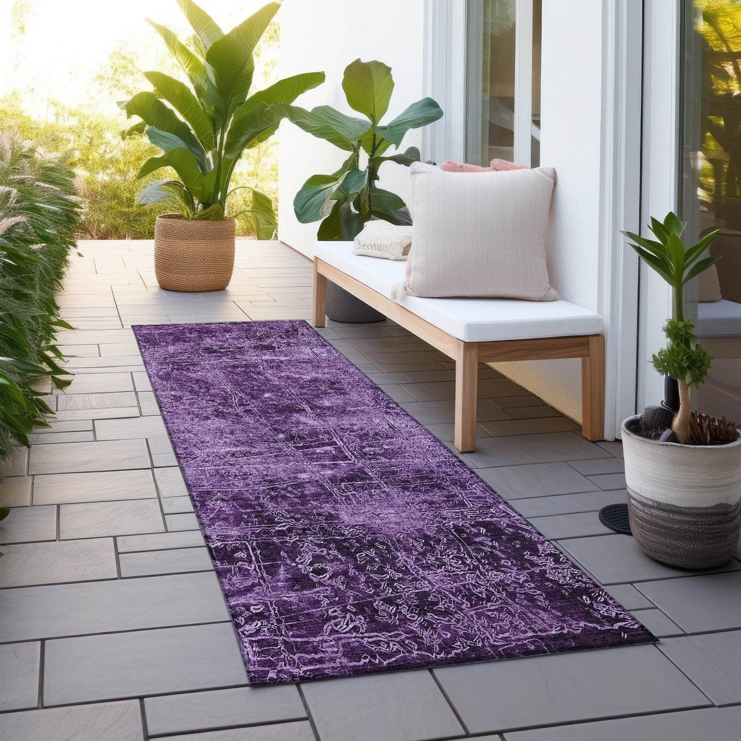 8' Runner Purple Abstract Washable Non Skid Indoor Outdoor Runner Rug - Loft&Timber