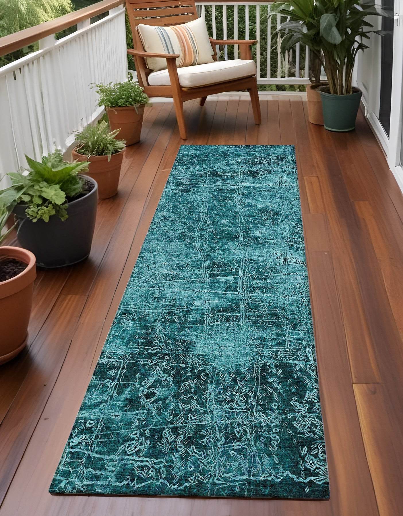 8' Runner Teal Abstract Washable Non Skid Indoor Outdoor Runner Rug - Loft&Timber