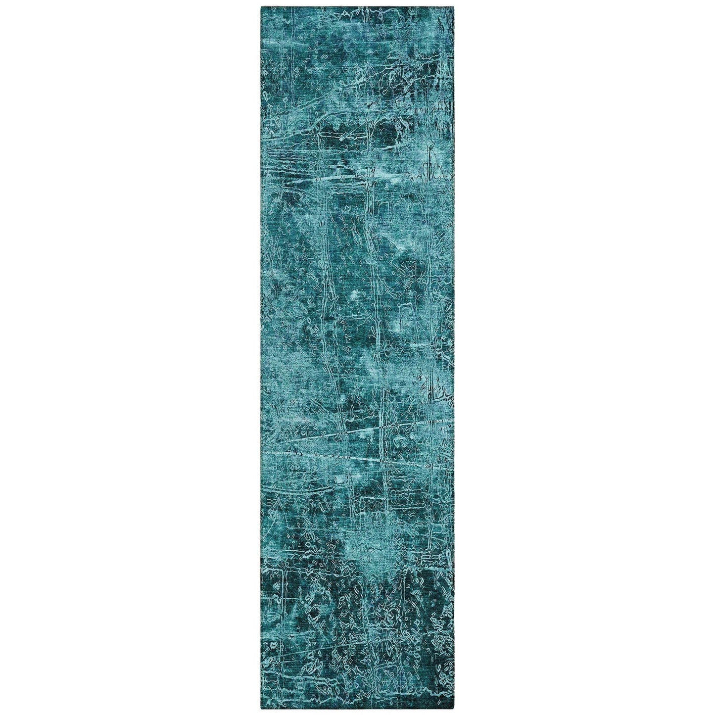 8' Runner Teal Abstract Washable Non Skid Indoor Outdoor Runner Rug - Loft&Timber