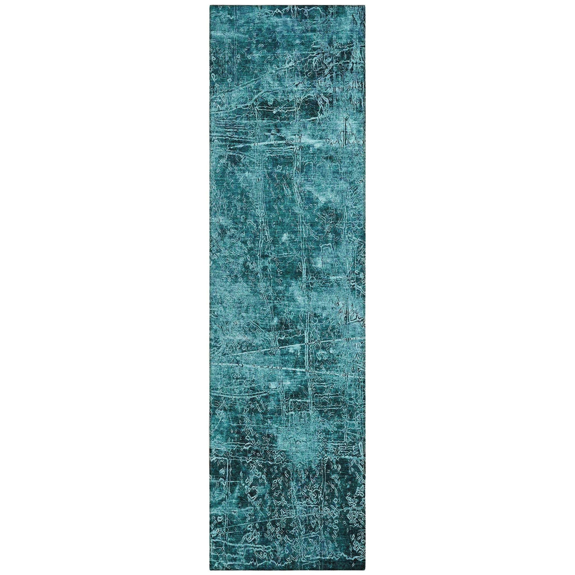 8' Runner Teal Abstract Washable Non Skid Indoor Outdoor Runner Rug - Loft&Timber