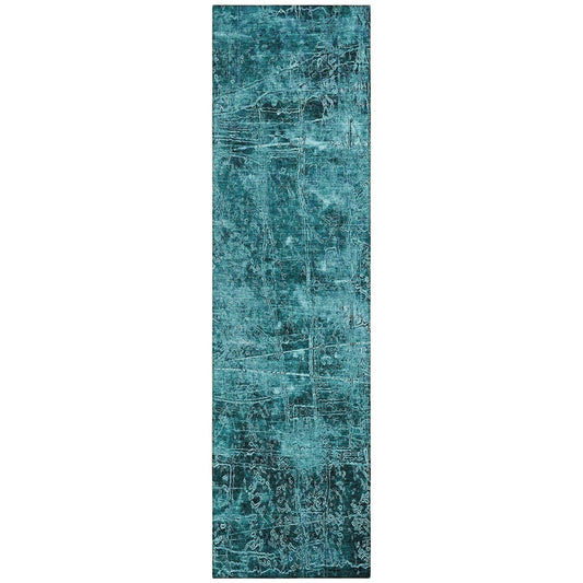 8' Runner Teal Abstract Washable Non Skid Indoor Outdoor Runner Rug - Loft&Timber