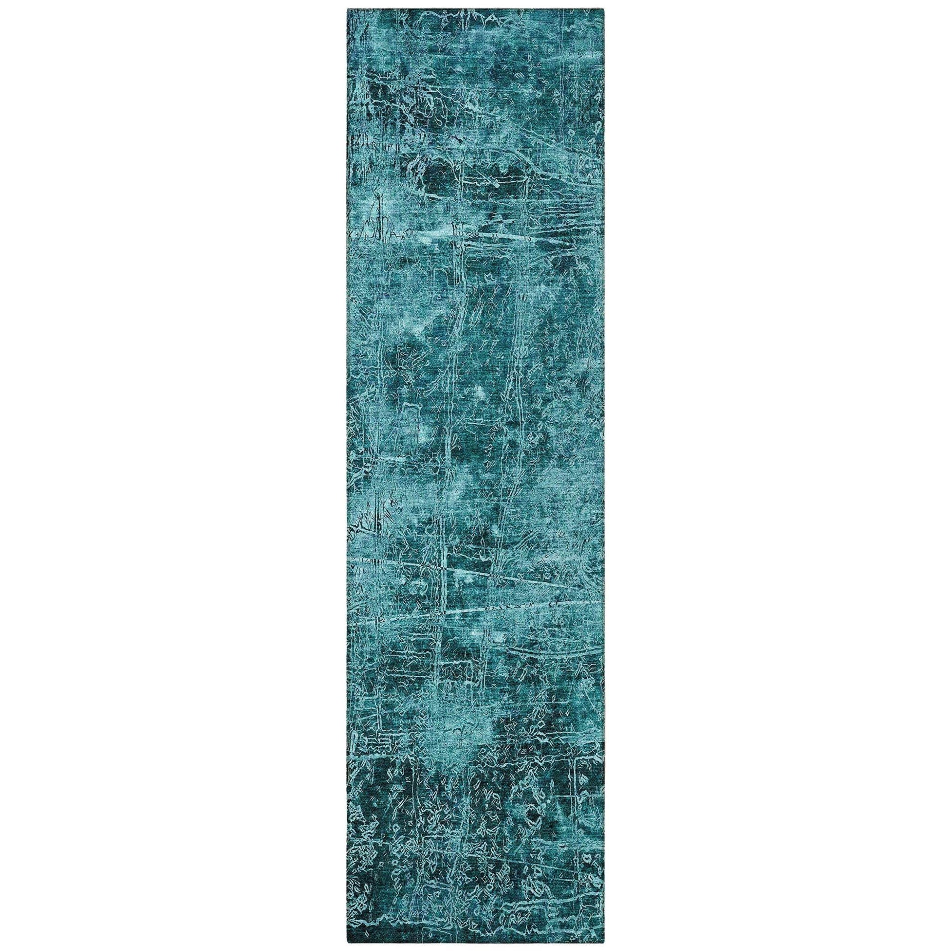 8' Runner Teal Abstract Washable Non Skid Indoor Outdoor Runner Rug - Loft&Timber