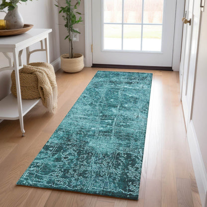 8' Runner Teal Abstract Washable Non Skid Indoor Outdoor Runner Rug - Loft&Timber