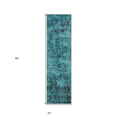 8' Runner Teal Abstract Washable Non Skid Indoor Outdoor Runner Rug - Loft&Timber