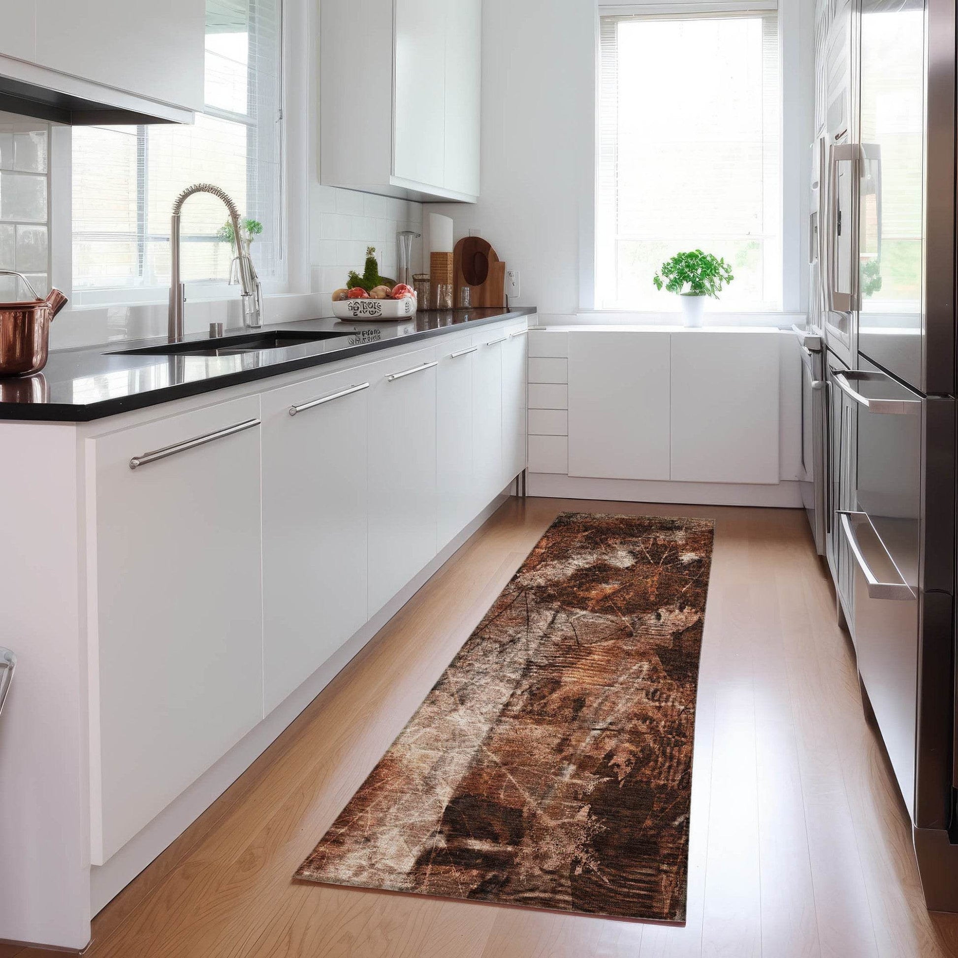 8' Runner Orange Floral Washable Non Skid Indoor Outdoor Runner Rug - Loft&Timber